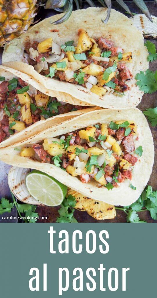 Tacos al pastor are traditionally cooked on a spit, but you can cheat a little and get all the same delicious flavor on your grill at home. The marinade is easy to prepare in the blender, then grill it up along with pineapple and onion slices. Wrap all the sweet-spiced pork and pineapple in a tortilla and enjoy! #mexicanrecipe #taco #tacosalpastor #pork #pineapple #mexican