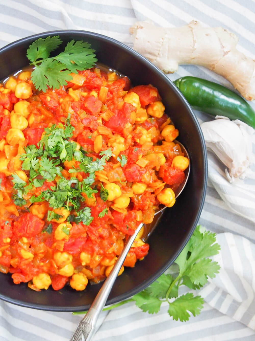 chana masala in serving bowl from overhead