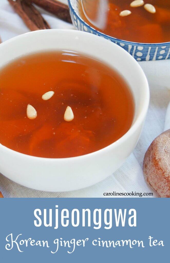 Sujeonggwa is a little hard to define - it's like a ginger cinnamon tea, but served cold and often as dessert. However, what you really need to know is it's easy, gently sweet and delicious. This Korean drink is so wonderfully warming, thanks to the simple combination of spices. Plus it feels like it will kick any cold to the curb! #ginger #cinnamon #korean #tea #infusion #winter