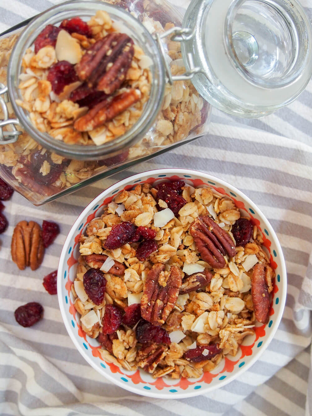 bowl of homemade granola with jar with more granola to side