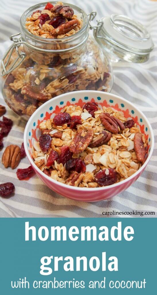 It's easier than you might think to make granola (and healthier).  This easy homemade granola recipe is naturally sweetened and loaded up with cranberries, pecans and coconut.  Crunchy delicious!  #granola #healthy #breakfast #cranberry #cranberryweek