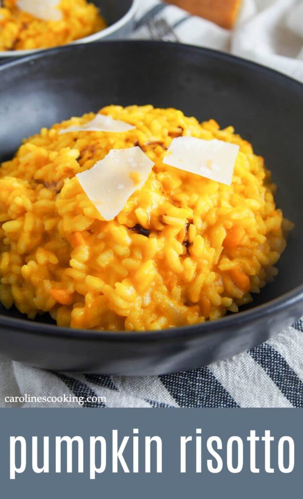 Pumpkin risotto is such a deliciously comforting meal!  This version is based on traditional Italian recipes and is easy to make, filling, but not overly heavy.  It's a perfect plate of fall goodness.  #pumpkin #risotto #italian #vegetarian #fallrecipe