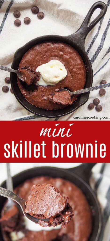 This mini skillet brownie is so easy to make and the perfect delicious chocolate dessert for two. Perfect for a special occasion or any excuse! It all comes togeter in less than 30 minutes and is delicious enjoyed warm straight out of the pan. #brownie #skilletbrownie #smallbatch #dessert #valentinesday