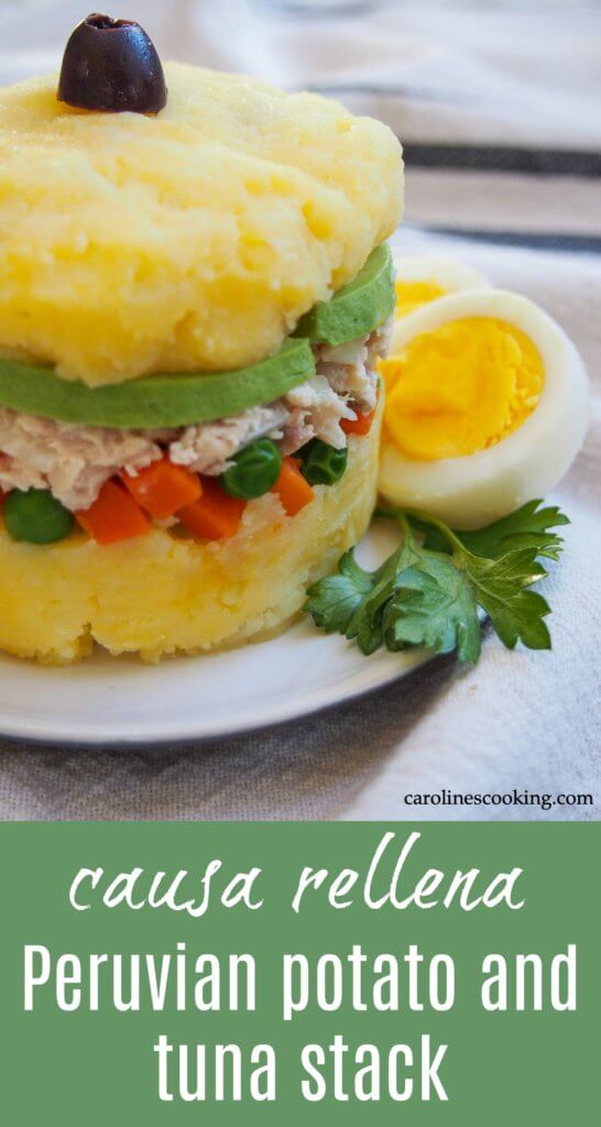 Causa rellena is a classic Peruvian appetizer that takes simple ingredients and transforms them into something elegant and delicious. This pretty layered stack is great for entertaining and more.