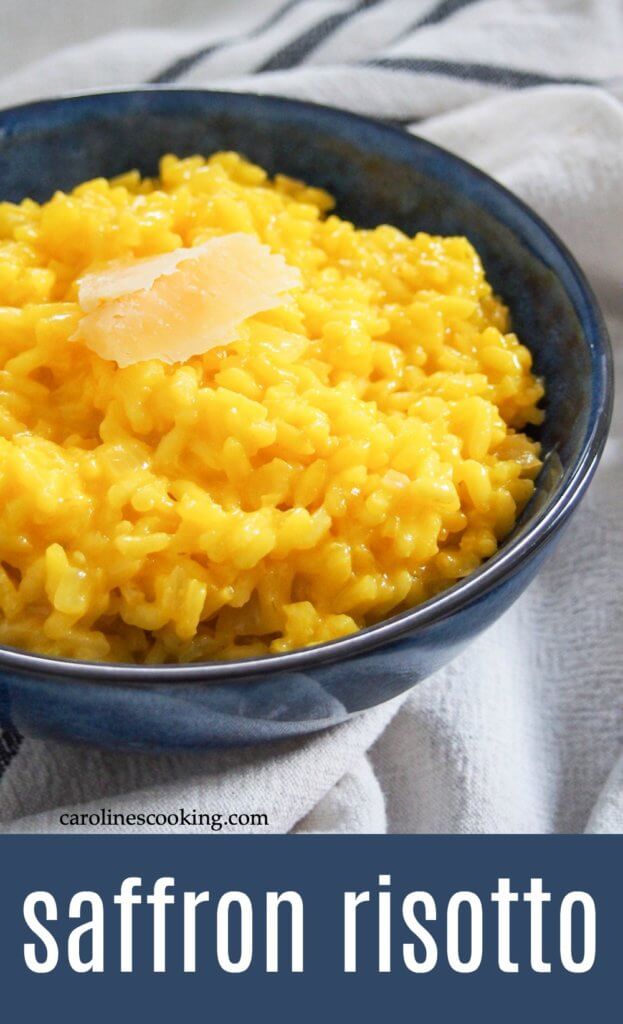Saffron risotto is one of the easiest versions of this traditional rice dish that's delicately flavored, comforting and delicious! Great as a side to so many dishes, too. #risotto #saffron #rice #italianrecipe