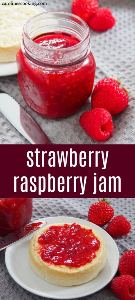 This strawberry raspberry jam is a delicious combination of summer berries in a sweet, bright spread.  This recipe makes a small batch in no time that's perfect to top your toast and more.