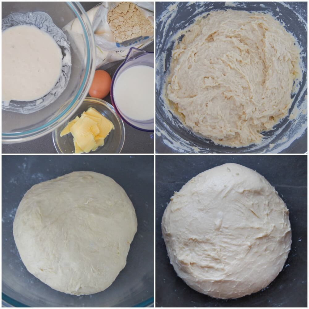 sourdough cinnamon rolls ingredients and dough pre and post rise