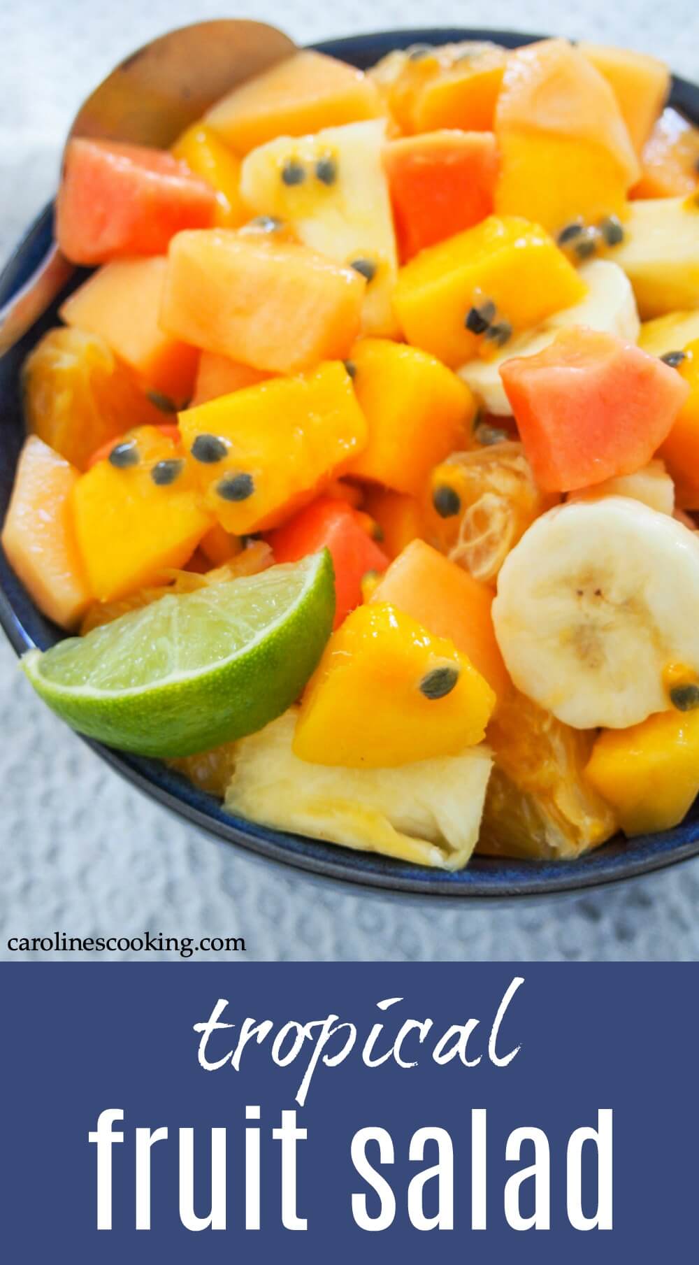 This tropical fruit salad is great for breakfast or brunch, either as it is or alongside some yogurt.  It would also be great to add as a side for a potluck or BBQ or enjoy as dessert.  Plus, it's as easy as chopping up a few fruits and mixing the dressing, but the result is a wonderfully tasty mix of fresh flavors.  Easy, versatile and delicious: in other words, try it soon!  #fruit #salad #tropicalfruit #potluck #brunch