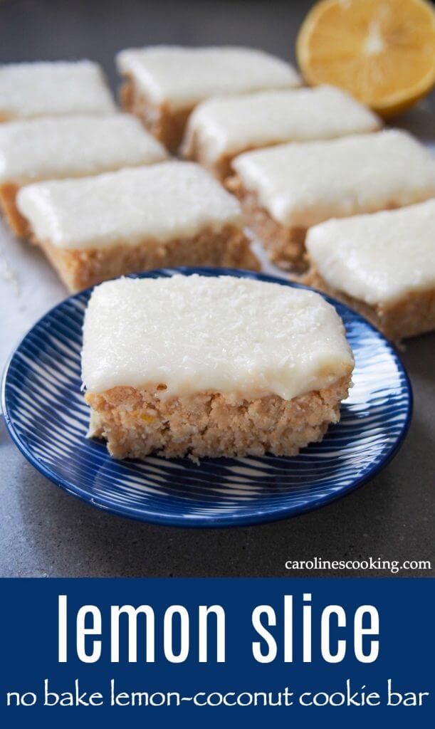This lemon slice is a traditional Australian no bake bar with a coconut-cookie base and lemon frosting. It's really easy to make, with a wonderful sweet-tart flavor and perfect for so many occasions, from parties to picnics and after school snacks. #nobaketreat #cookiebar #australianfood #lemon