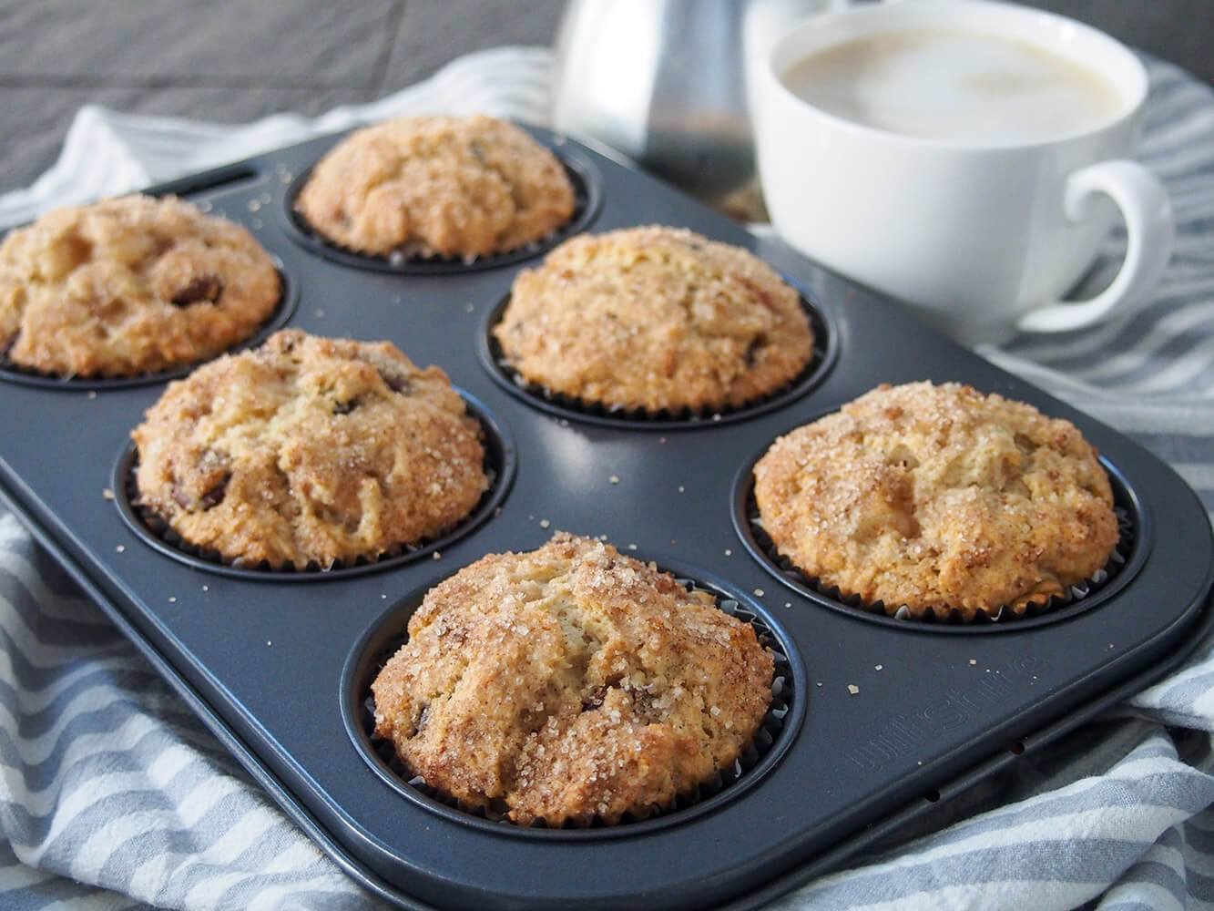 Pear chocolate chip sourdough muffins in tin with cup of coffee to side