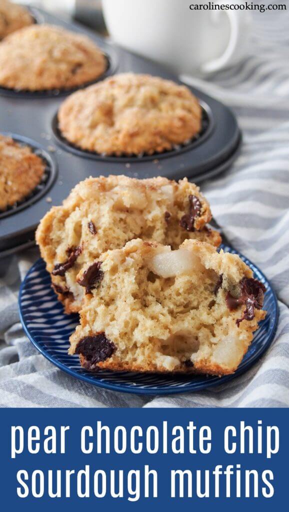 These pear chocolate chip sourdough muffins combine a delicious combination of flavors.  The soft fruit, chocolate, sweetness and a little tang from sourdough all work so well together.  And they're easy to make, too.⁠ ⁠ #pear #muffins #sourdough #sourdoughdiscard