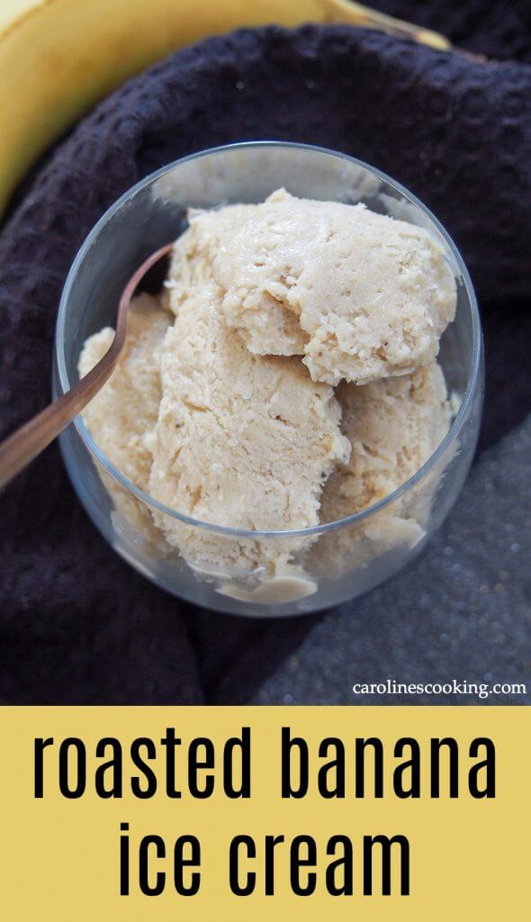 This roasted banana ice cream is the perfect use for overripe bananas in warmer weather - it has lots of wonderful banana and caramel-like flavor and come together easily too. Roasting the fruit really intensifies the flavor for one delicious scoop! #banana #icecream #summerrecipe