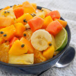 bowl of tropical fruit salad from side