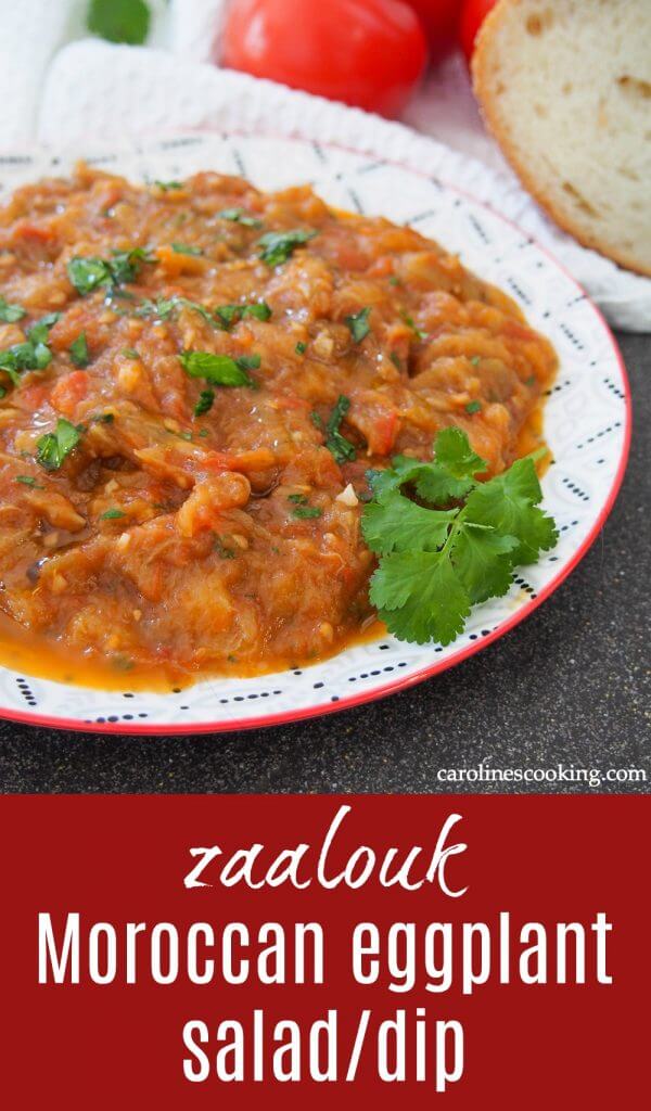 Zaalouk is a simple Moroccan salad made with eggplant, tomato, simple spices and olive oil. You can make it chunky or smooth, use it as a dip, side or spread on bread. Whichever way, it's easy and delicious (and just happens to be vegan too). #eggplant #moroccan #vegan #side #dip