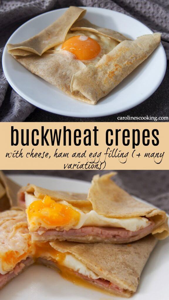 These French buckwheat crepes are easy to make, naturally gluten free and with a lovely slightly nutty flavor. They're perfect loaded up with cheese, ham and egg for a classic "crêpe complete" for brunch/ lunch, or with many other tasty savory fillings. 