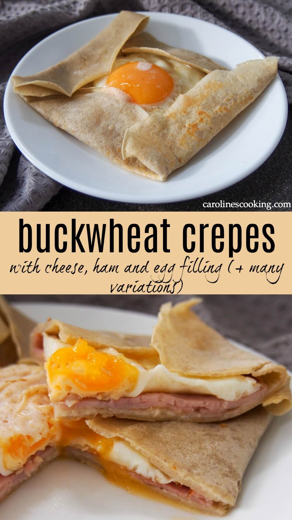 These French buckwheat crepes are easy to make, naturally gluten free and with a lovely slightly nutty flavor.  They're perfect loaded up with cheese, ham and egg for a classic "full pancake" for brunch/ lunch, or with many other tasty fillings.  #crepes #buckwheat #glutenfree #frenchfood