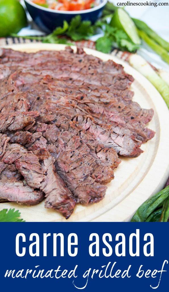 This traditional Mexican carne asada is a delicious and easy marinated, grilled beef dish that makes tacos perfect for summer. With minimal ingredients and effort, it's a meal you'll have on repeat. #mexican #grilledbeef #grilling #tacos #marinade