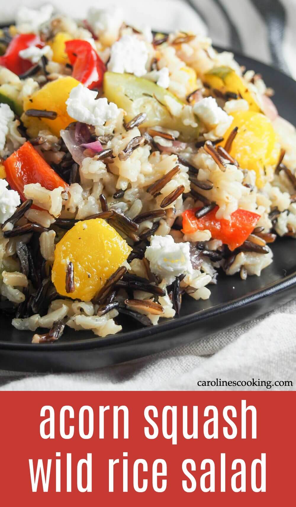 Acorn squash wild rice salad is a delicious vegetarian dish (easily made vegan) made with squash, wild rice and a citrus dressing that makes a great main or side.  An excellent addition to any holiday meal, plus it's great cold for lunch too.  #acornsquash #wildrice #salad #fallrecipe #vegetarian #holidayside