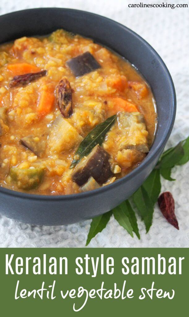 This Kerala style sambar has a tasty mix of vegetables, dal and spices. It's easy to make, comforting and full of delicious flavor. #indianfood #vegetarian #vegan