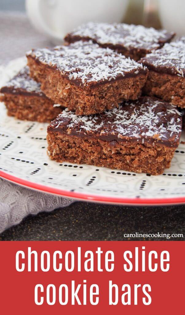 Chocolate slice is an easy to make Australian treat, kind of like a cookie bar with coconut mixed in and topped with a chocolate glaze. It's easy to scale up or down and perfect as an after school or tea time snack.