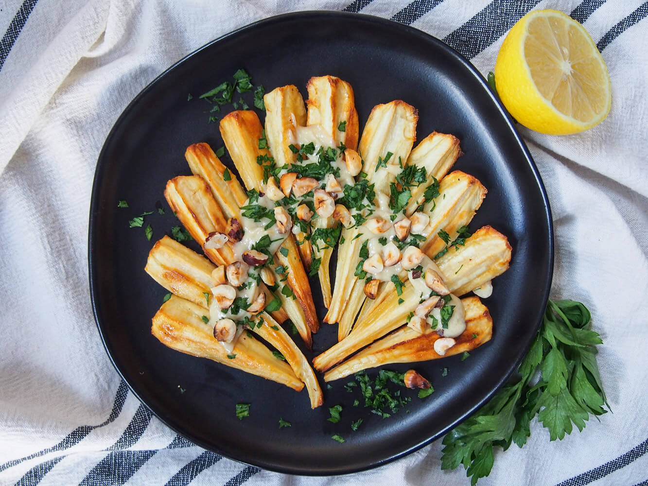 plate of maple roasted parsnips from overhead