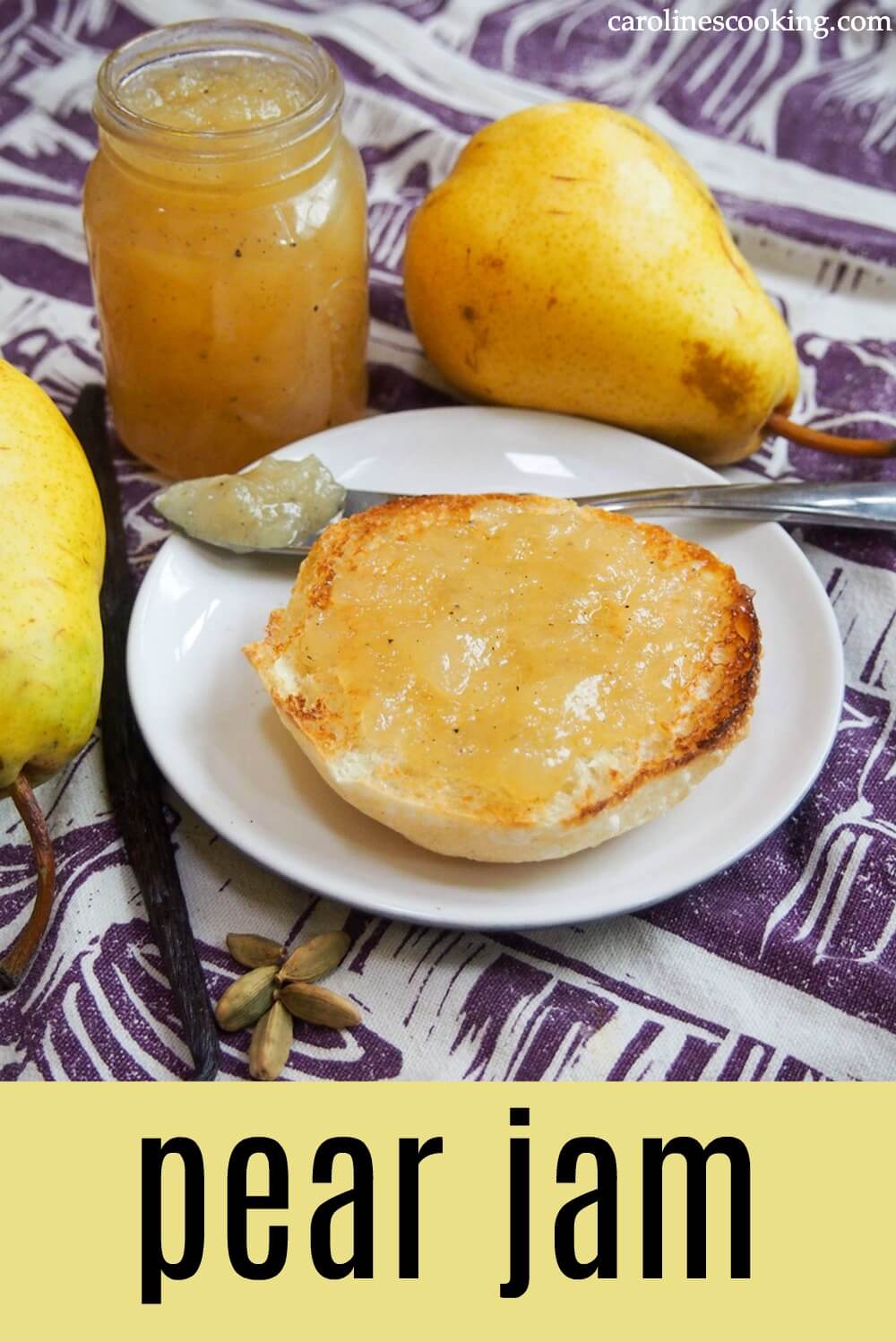 This pear jam is flavored with a hint of vanilla and cardamom that add a hint of warmth but let the pear flavors shine.  Easy and delicious!  #pear #jam