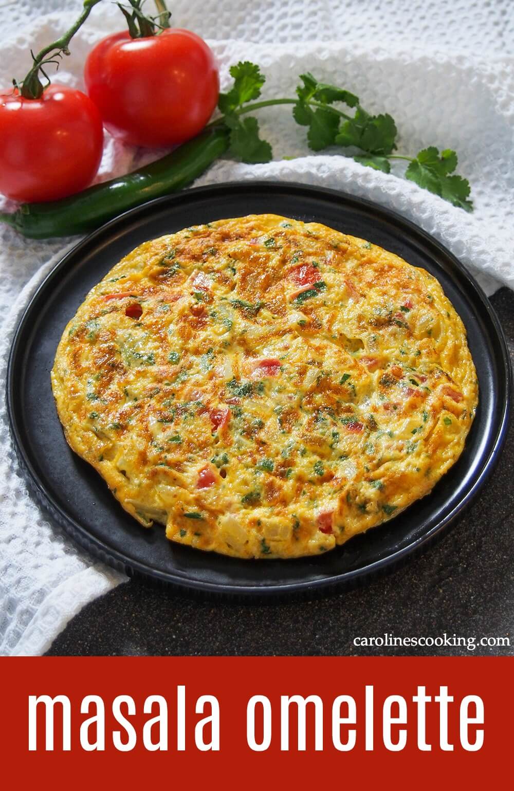 Masala omelet is a popular Indian breakfast packed with flavor.  It's quick and easy to make, with a simple combination of vegetables and a bit of spice.  Enjoy it as it is or wrapped in a roti.  #eggs #omelet #indianfood