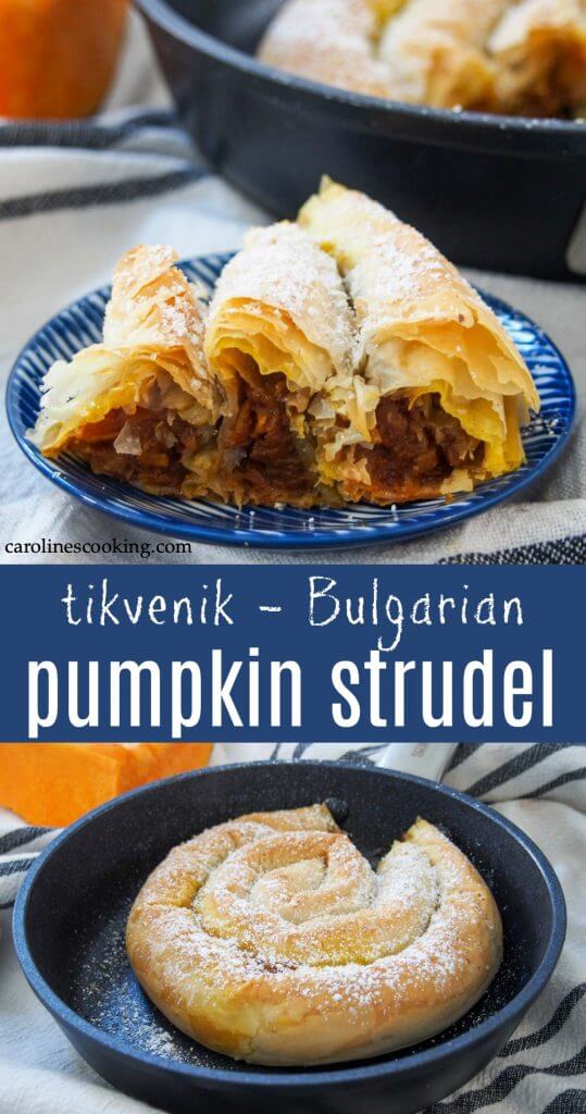 Tikvenik is a coiled pumpkin strudel from Bulgaria, with crisp filo pastry encasing a gently sweet pumpkin filling, warmed with cinnamon. It has a wonderful flavor, and this pretty pastry is easier than it looks.