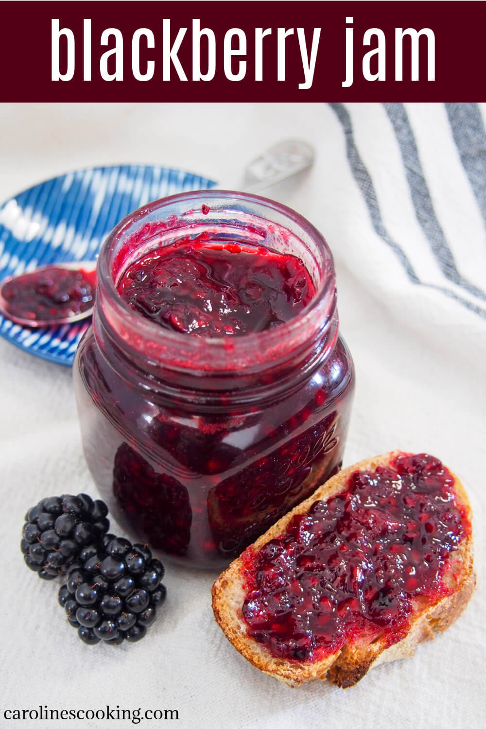 Blackberry jam is brightly colored and bursting with fruity flavor.  This one is made in a small batch with lower sugar and comes together quickly for a delicious spread, perfect for toast and more.  #jam #preserving #blackberry