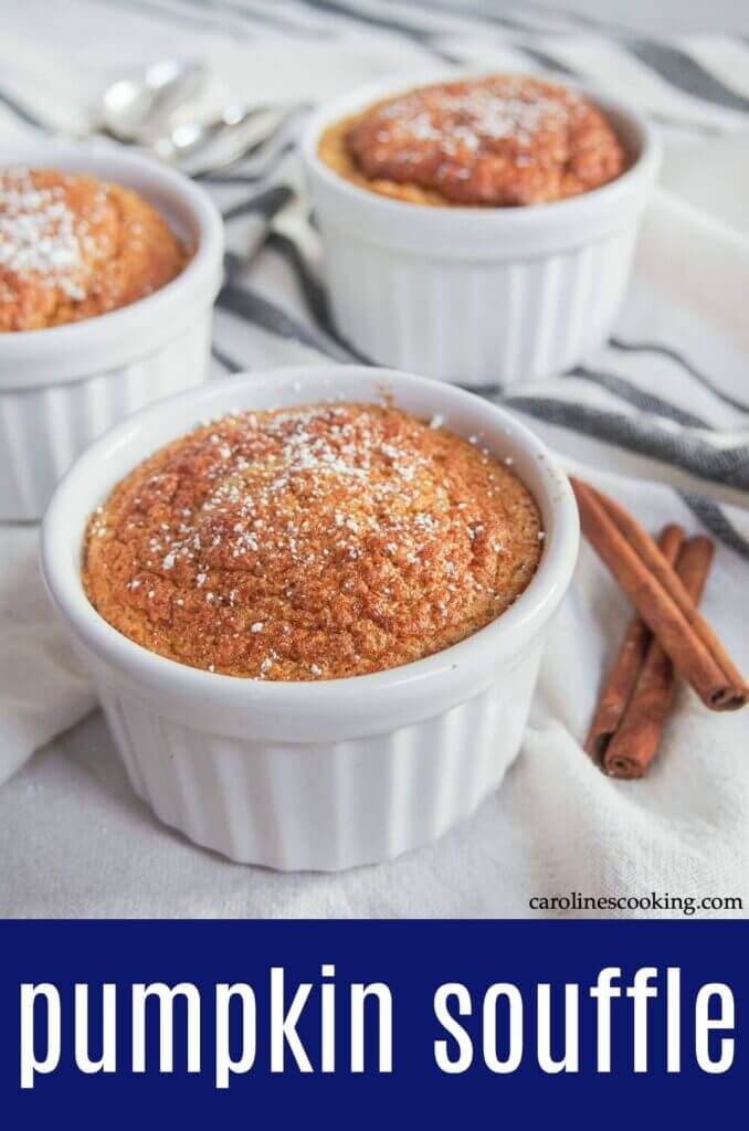 Whether you’re looking for a tasty fall-flavored dessert or a gluten free take on pumpkin pie, this pumpkin souffle is a great choice. Gently spiced, light and delicious. Plus it's easy to make and perfect for a smaller Thanksgiving too. #pumpkin #thanksgiving #glutenfreedessert