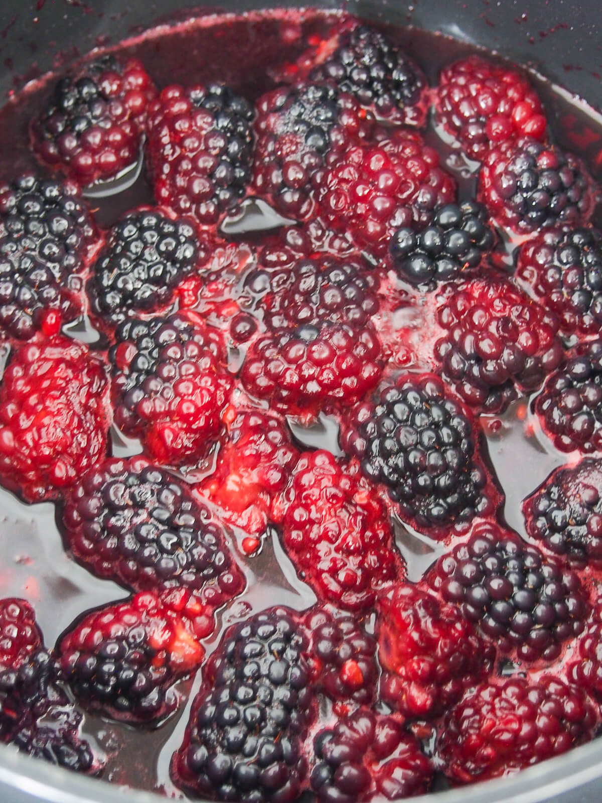 starting to cook jam - blackberries changing color