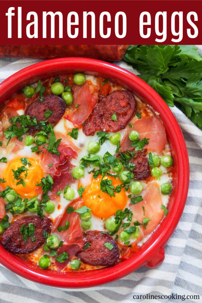 Flamenco eggs (huevos a la flamenca) are a traditional Spanish egg dish, a little like shakshuka but with a distinctly Spanish flair. It's easy to prepare and full of delicious flavor. #eggs #spanishfood #chorizo #brunch