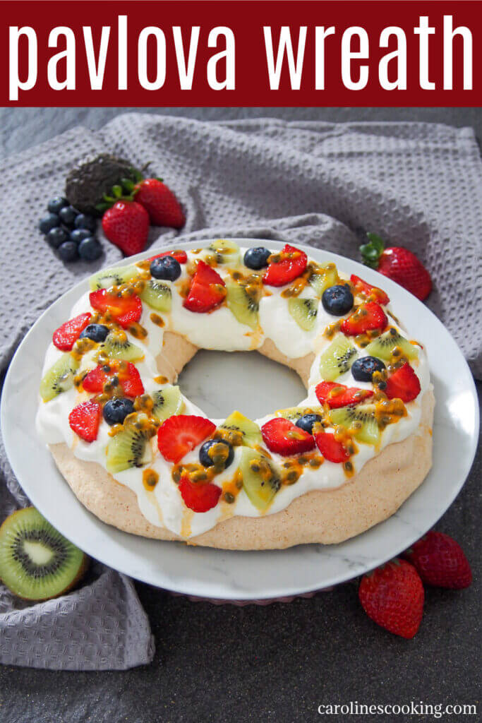 This pavlova wreath is a festive twist on a classic dessert. The combination of meringue with a chewy middle, cream and fruit is delicious & elegant.