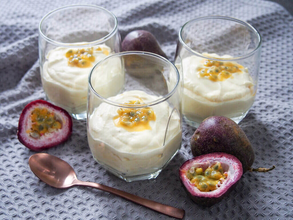 passion fruit mousse (mousse de maracuja) in serving glasses