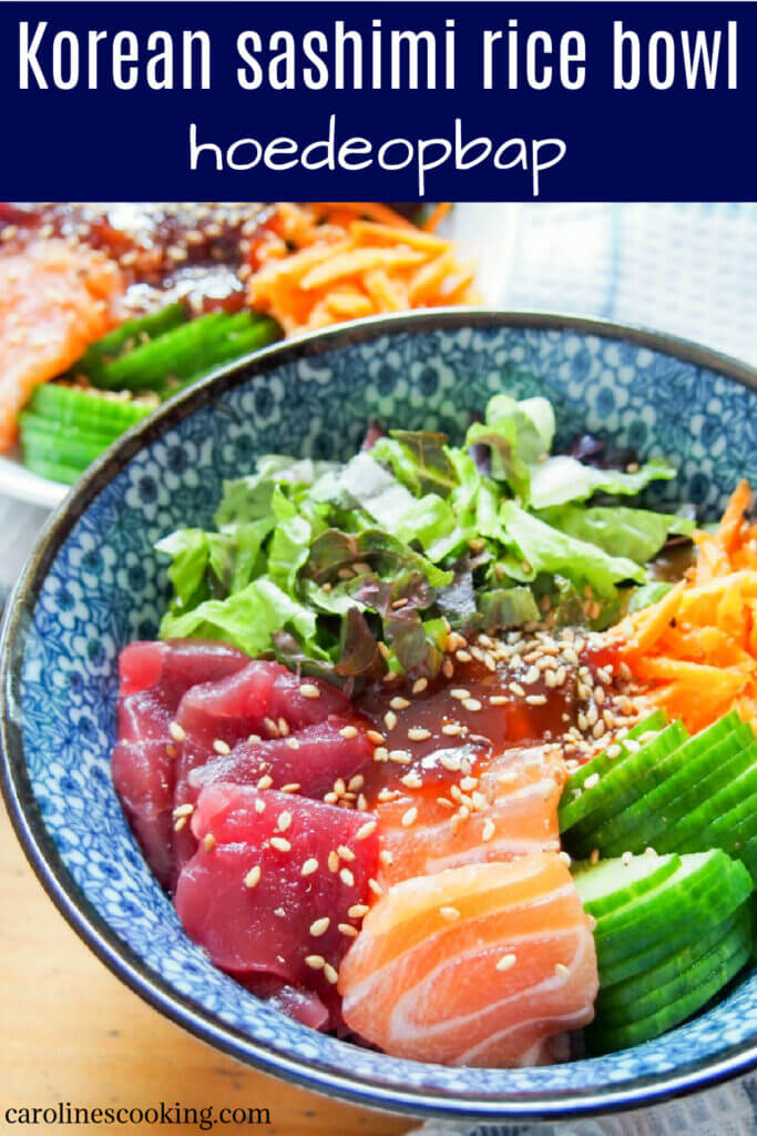 This Korean sashimi rice bowl is so easy to put together and is a delicious combination of tender sashimi, crunchy salad, rice & a sweet-spicy sauce. It makes a great, easy meal whether for dinner or lunch. #koreanfood #ricebowl #sashimi