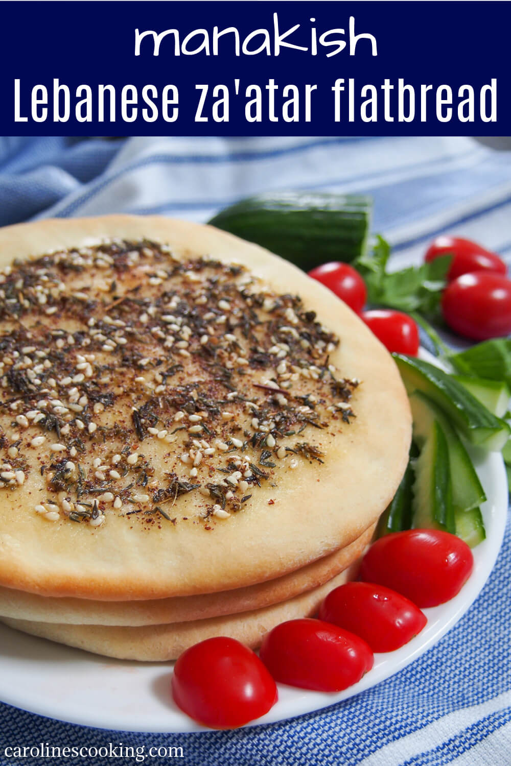 Manakish za'atar are delicious flatbread from the Levantine region topped with olive oil and za'atar.  The oil and herbs add lots of aromatic flavor, making this bread perfect to snack on.  #flatbread #zaatar #middleeasternbread #lebanesefood