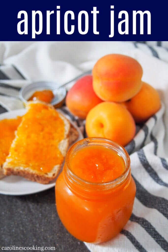Apricot jam has such a wonderful bright color and the flavor is equally irresistible.  It's smooth, almost aromatic and the perfect addition to toast and so much more.  This version is lower sugar, too.  #apricot #jam #homemadejam #lowsugarjam #canning