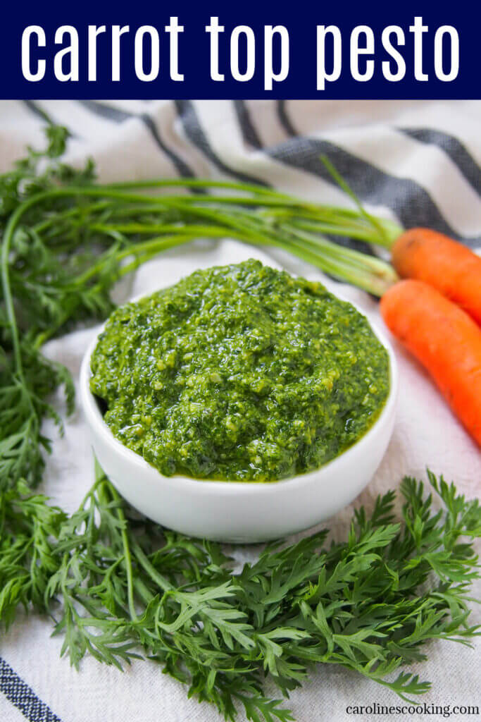 Carrot top pesto is the perfect solution for when you get carrots with greens - don't throw them away! Instead, make this easy pesto - it has a little extra 'bite', but is just as easy and versatile as traditional pesto. Delicious with pasta, over roast carrots and more.