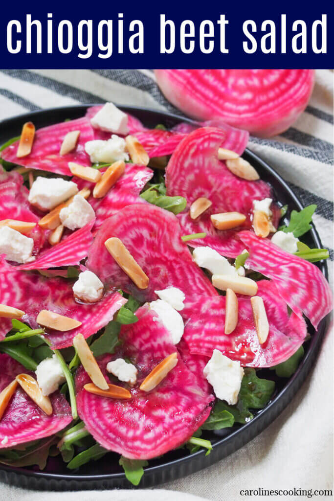 This chioggia beet salad is super simple, letting the beautiful bright colors and gently sweet crispness of the beets shine. It takes mere minutes to prepare, and is great as a side or appetizer. Easy to adapt to what you have, too.