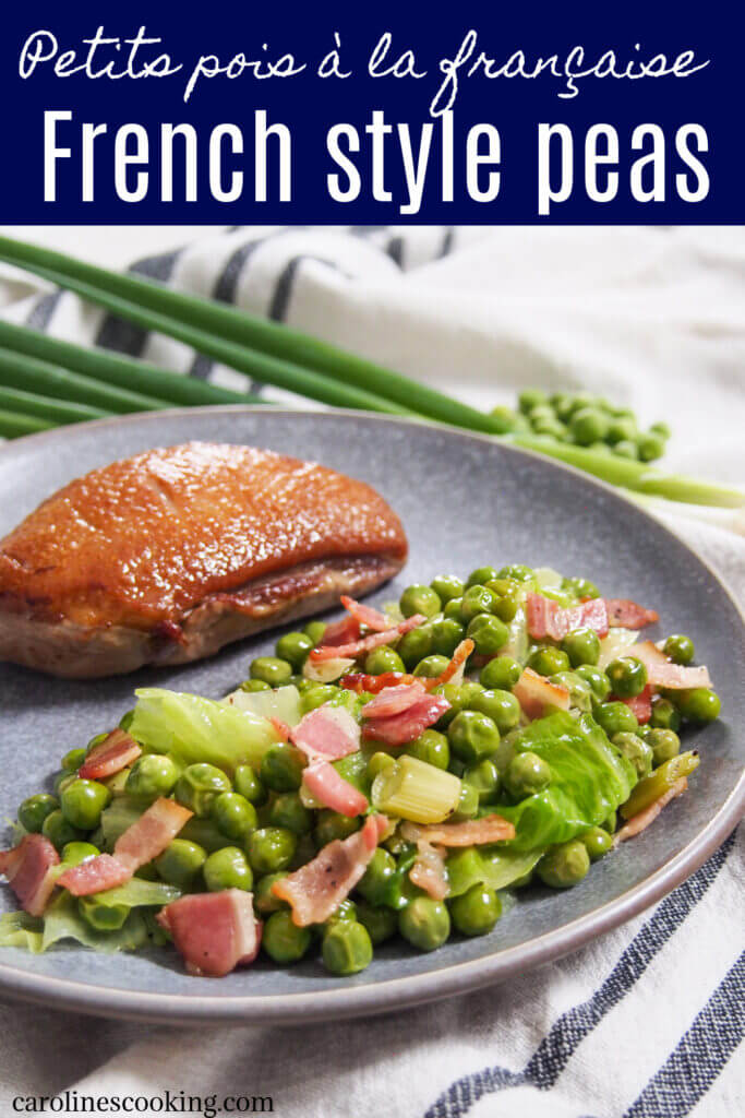 Petits pois à la française is a classic French way to prepare peas, braising them with some bacon, onion and lettuce. The flavors are relatively simple but incredibly delicious and this side dish goes well with a broad range of mains. They would be perfect as part of a Sunday dinner, an Easter feast or simply everyday meals. #peas #frenchrecipe #sidedish