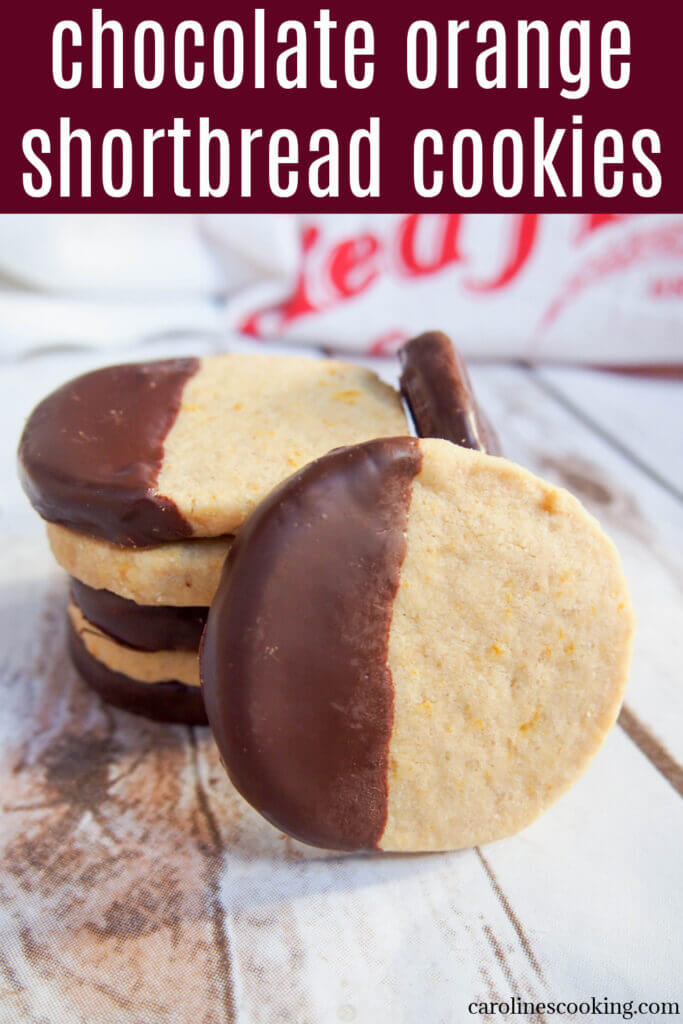 These orange shortbread cookies melt in your mouth with their delicious flavor, and the chocolate dipped side really tops them off.