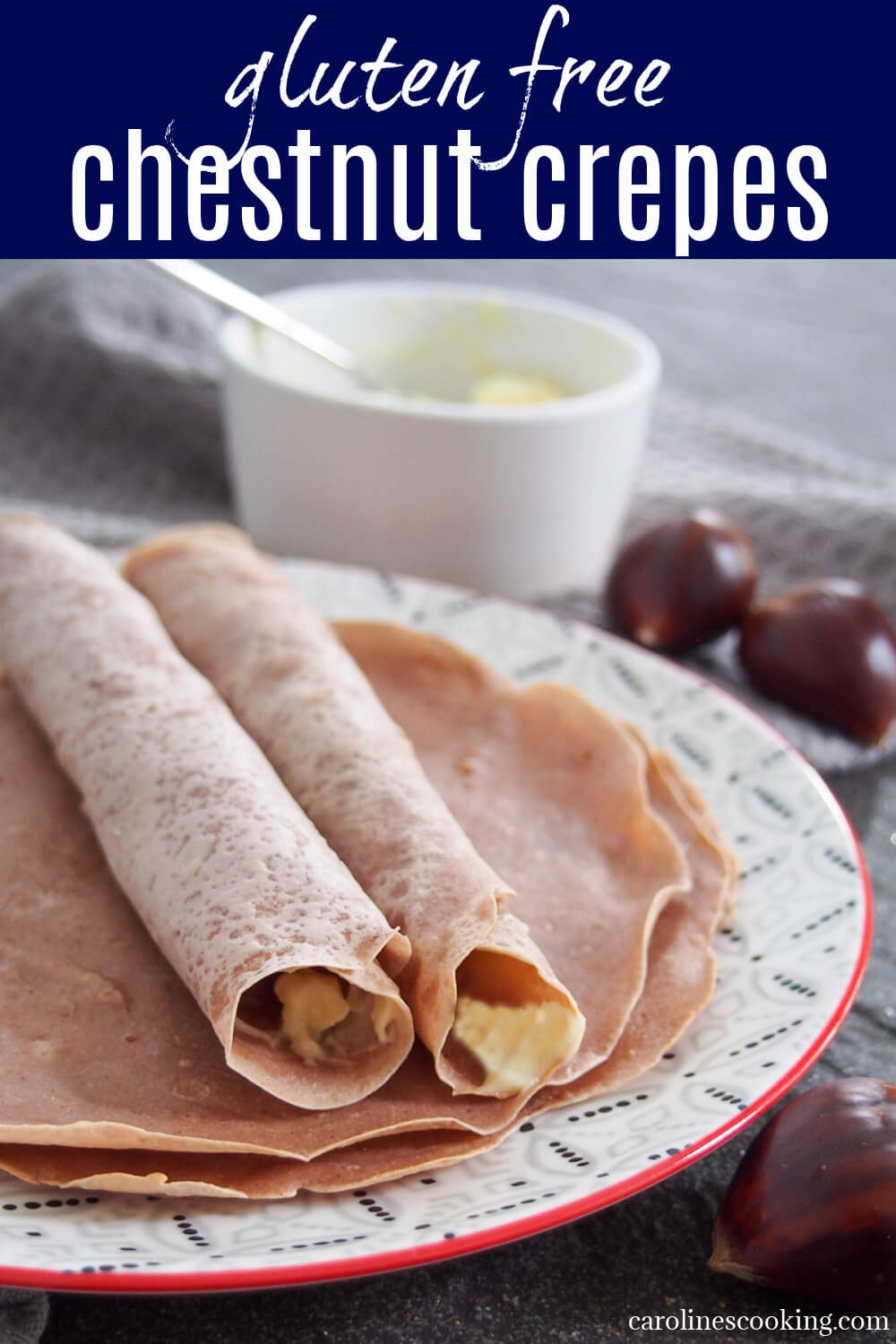 These chestnut crepes or pancakes are easy to make, naturally gluten-free and have a delicious, gently sweet nutty flavor.  The sweet and creamy honey mascarpone pairs perfectly to make a tasty snack, breakfast or even dessert.