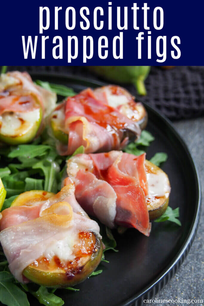 These prosciutto wrapped figs make an incredibly easy but elegant looking appetizer. You can serve them as part of an appetizer board, or over greens for a fuller salad-like dish.