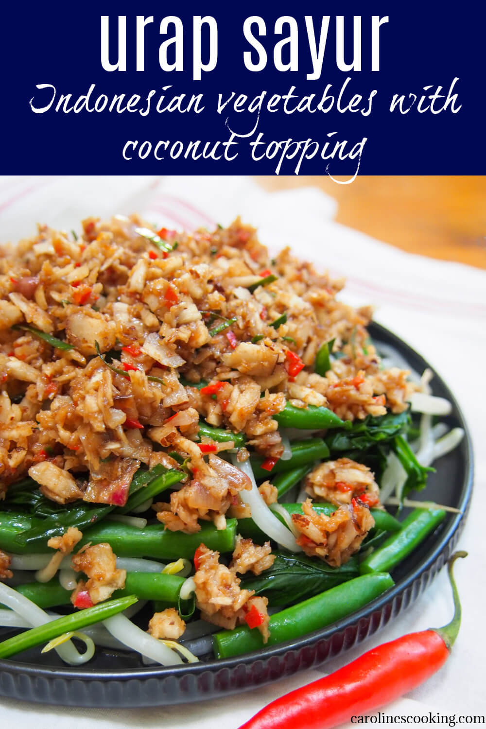Urap sayur is a popular Indonesian dish combining blanched vegetables with a spiced coconut topping.  It's easy to make with a delicious combination of spicy, sweet and sour flavors.  Perfect as a side or filled out as a hand.