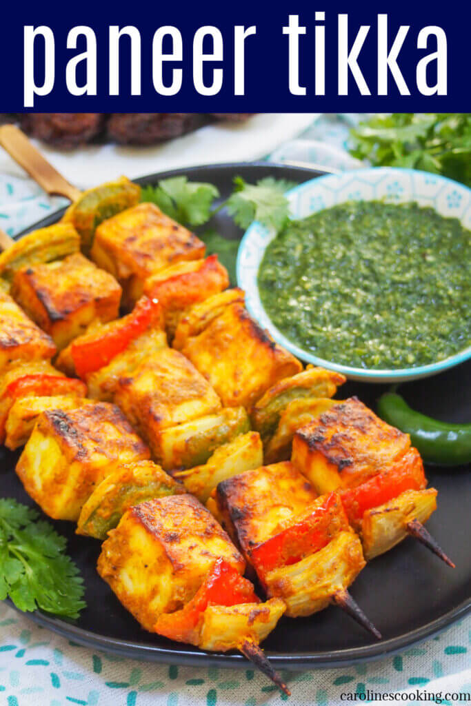 Paneer tikka are a bright and tasty vegetarian appetizer or snack, combining chunks of mild cheese and vegetables  with a spiced marinade. They're really easy to make and perfect for entertaining or any excuse.