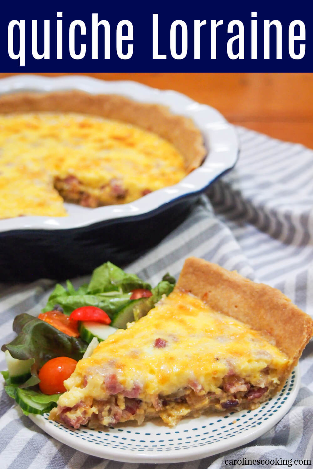 Quiche Lorraine is a classic French savory tart packed with gruyere cheese, bacon and smoked ham.  Comforting and delicious, it makes a great lunch, or add it to your brunch table.