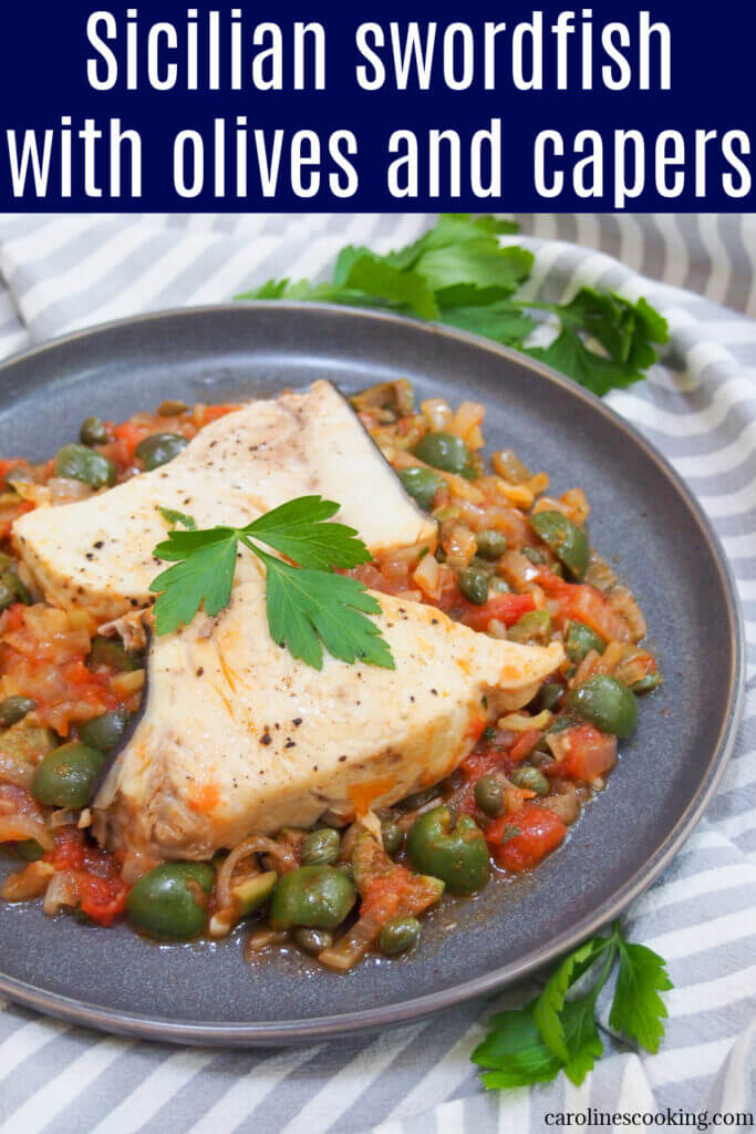 This Sicilian swordfish with olives and capers is a deliciously bright combination of tender fish in a tomato-based sauce. The slightly briny flavors of the olives and capers contrast with the sweeter onion and tomatoes. And what's more, it's so easy to make.