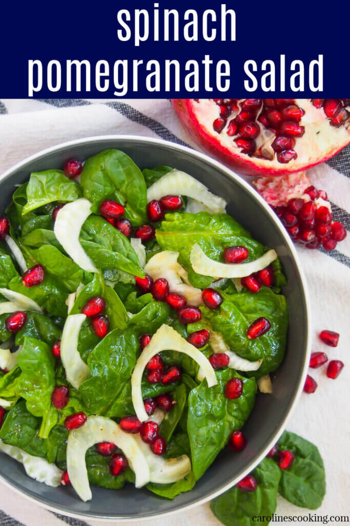 Super simple, highly adaptable and festively colored, this spinach pomegranate salad makes a great side or appetizer. It takes no time to make, and you'll love the bright, fresh flavors.