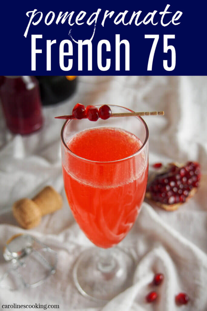 This pomegranate French 75 is a twist on the classic champagne cocktail, with added brightness from a touch of grenadine. It's easy to make, bright and bubbly. Perfect for a celebration (or any excuse you want to find)