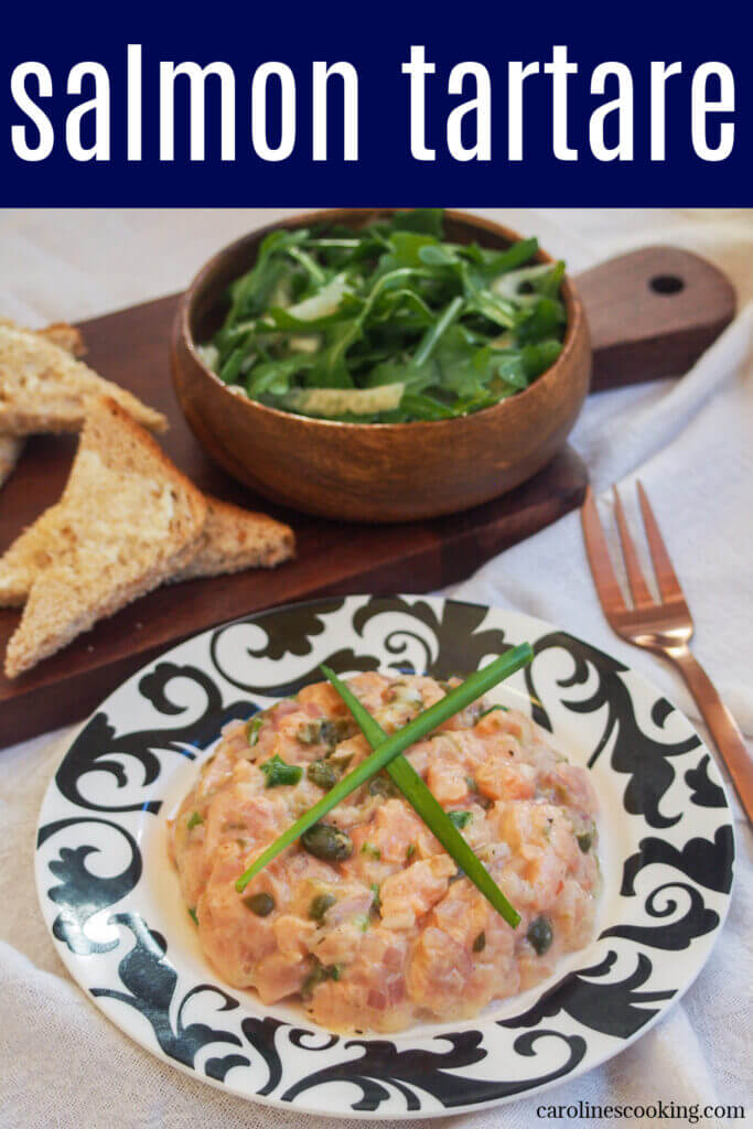 Salmon tartare is such a lovely, elegant appetizer with delicate flavors. It's light and pretty healthy, but also quick and easy to prepare. Perfect for your next dinner party or date night. #tartare #rawsalmon #salmonappetizer